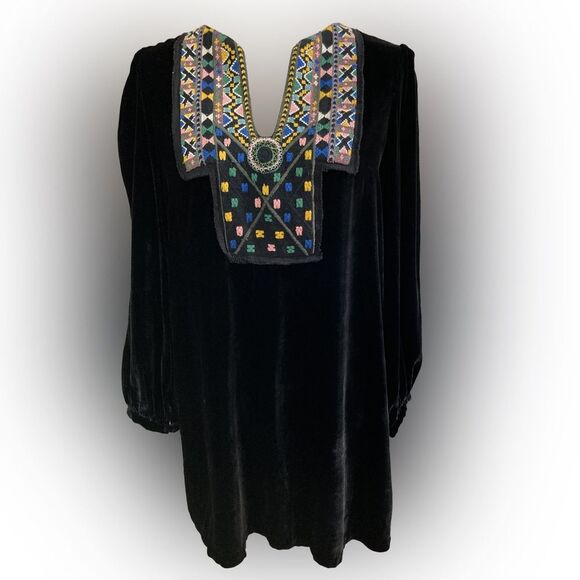 Zara Dress Womens Small Black Velvet Needle Point Bib Long Sleeve Mini Bohemian - Picture 1 of 10